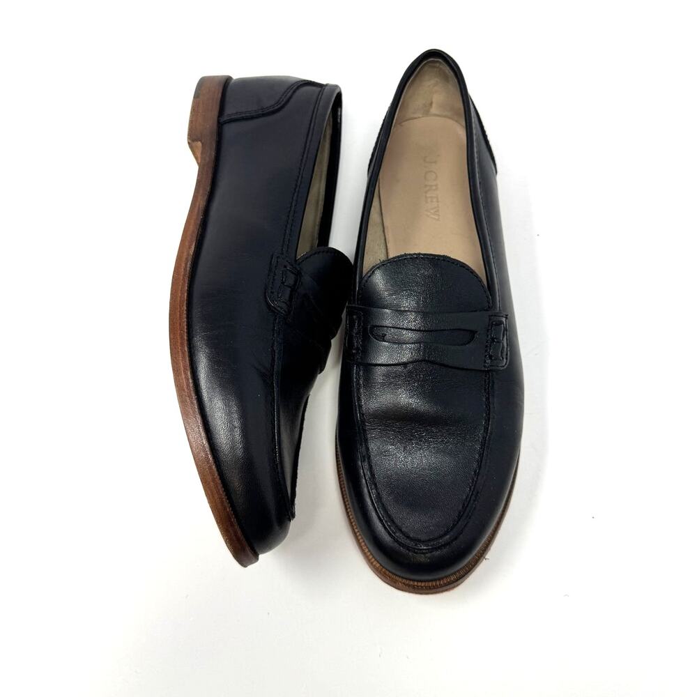 J. Crew Black Leather Penny Loafers with Brown Stacked Sole